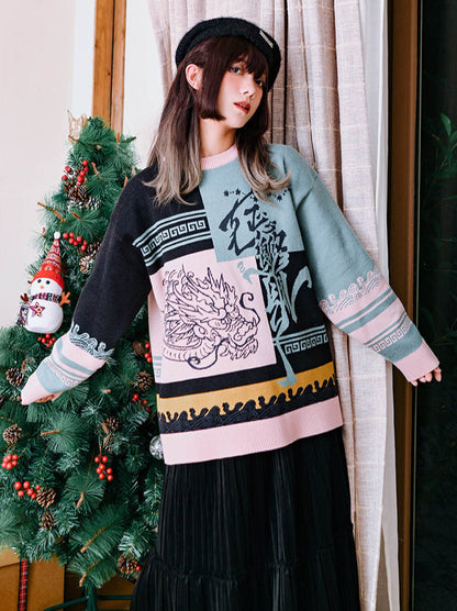 ラウンドスタイル チャイナカラー ネックニット ルーズ コントラスト ニューブロック