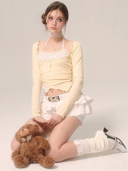 Milky Faux Piece Cream Eye Halter Two Top Neck Yellow