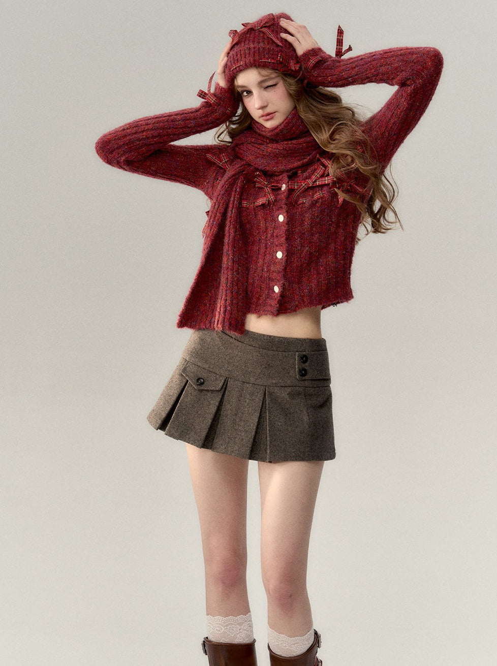 Button with Wool Pleated Skirt