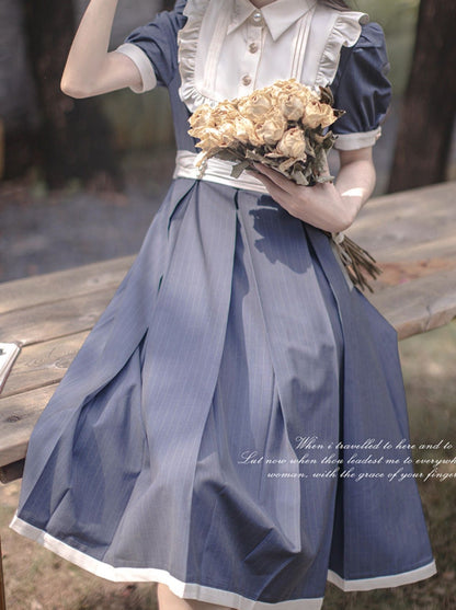 Summer Belt Waist + Collar Dress Ruffle White Retro