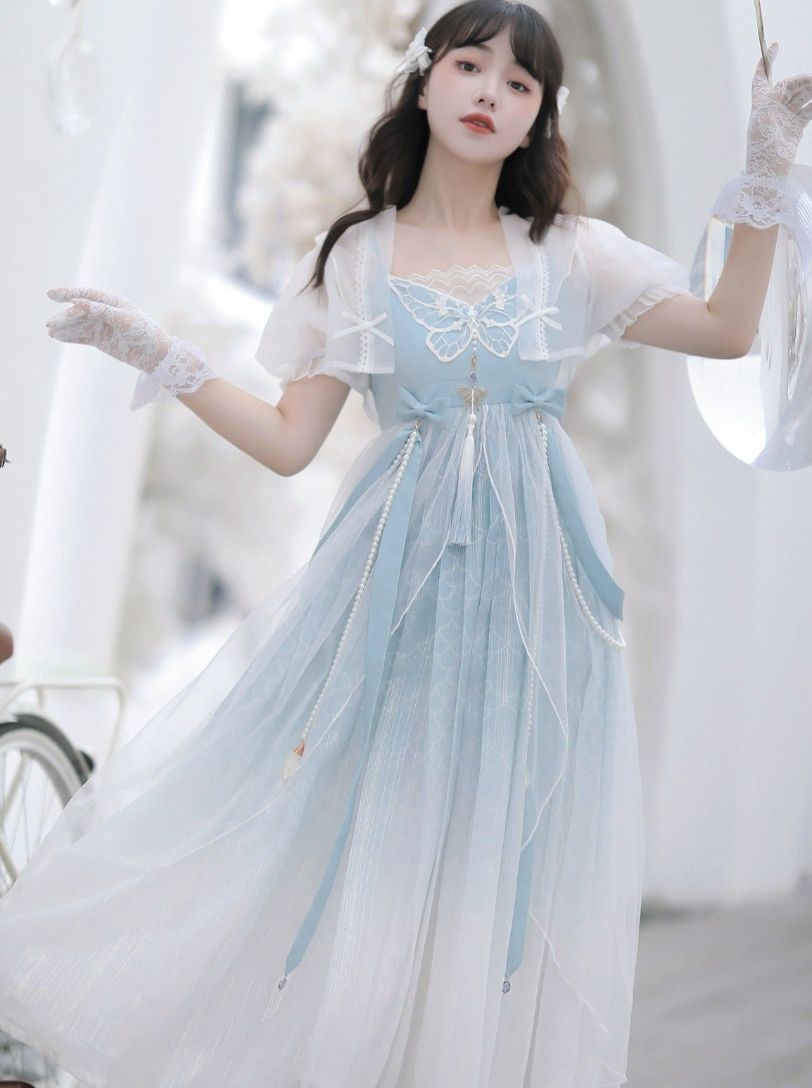 Blue Shawl Sheer Summer Summer Dress + Lolita Chinese