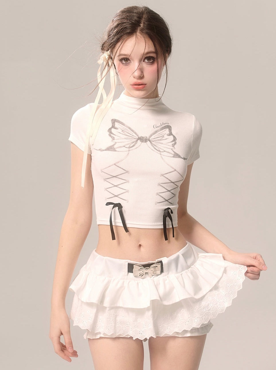 Pearl Ribbon Skirt White French Pants Lace Flared White Eye