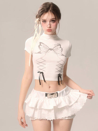 Pearl Ribbon Skirt White French Pants Lace Flared White Eye