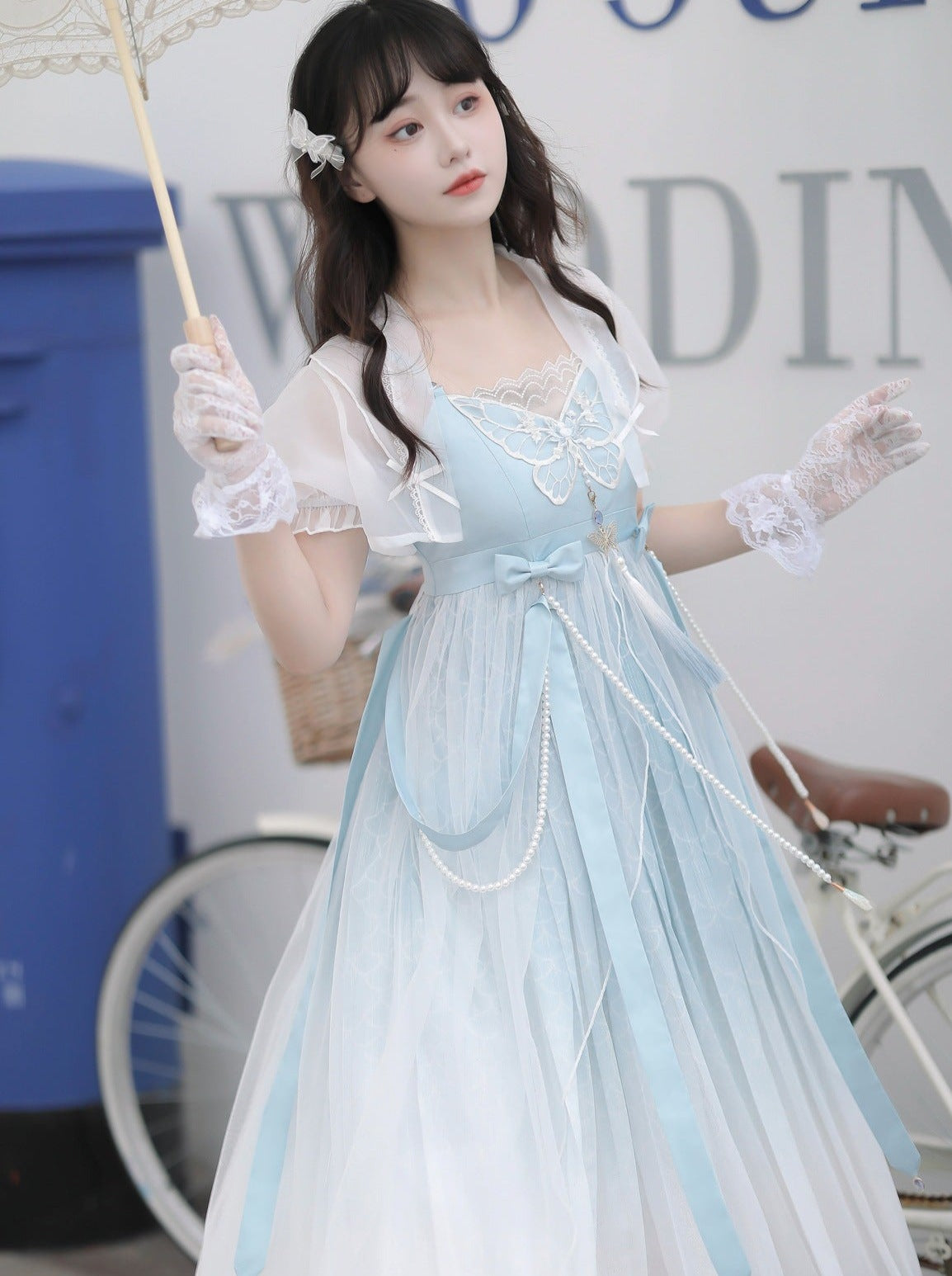 Blue Shawl Sheer Summer Summer Dress + Lolita Chinese