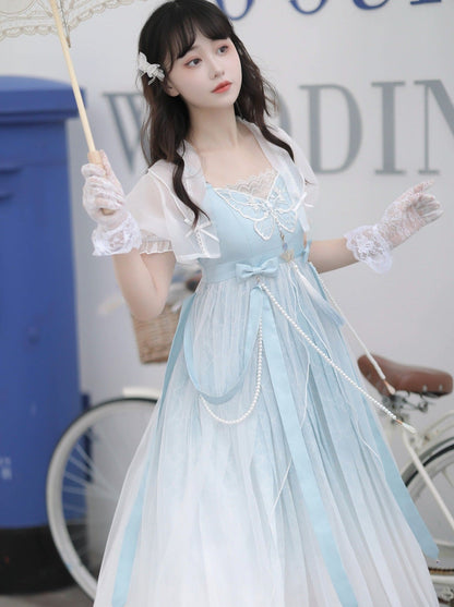 Blue Shawl Sheer Summer Summer Dress + Lolita Chinese