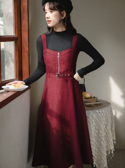 Slim Knit Retro Half + Suspender Turtleneck Skirt