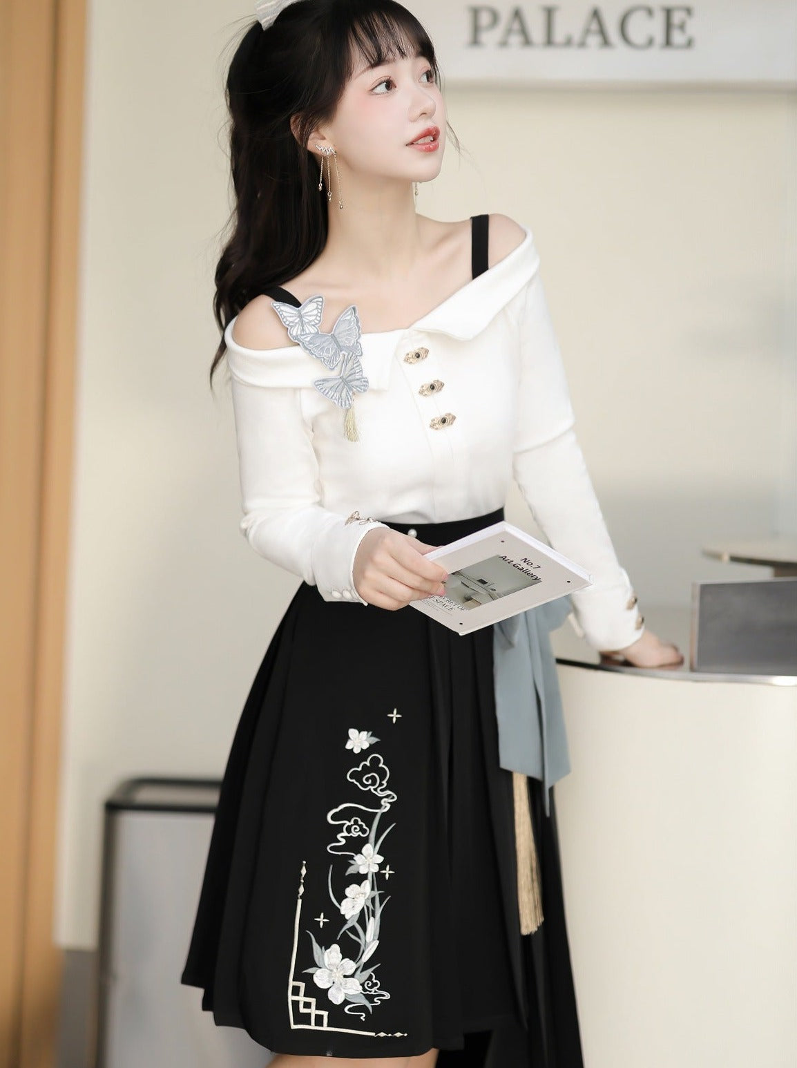 Top Buckle Waist Asymmetrical Skirt + Big Bow Off-Shoulder China High