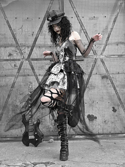 PU Suspender Punk Halter-neck Mesh Metallic Off-the-shoulder Tulle + Top Dress Sheer