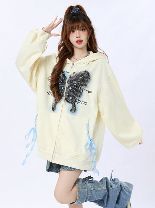Jacket Hooded Loose Butterfly Sweatshirt Ribbon