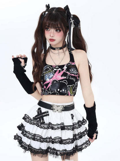 Pure Cute Print Halter Neck Top Graffiti Cat