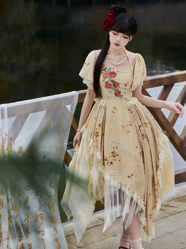 エレガントなストラップスクエアカラーローズオフショルダードレスイレギュラー