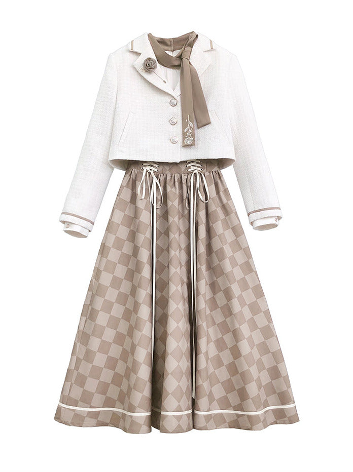 Rosenrock Retro + Brosche Jacke Fliege Hemd Krawatte Französisches Karo Kurzanzug Schnürung