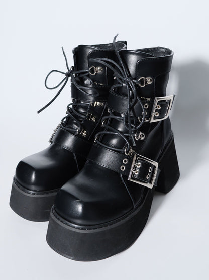 Bottes courtes noires style punk mat à bout carré style sous-culture Y2K