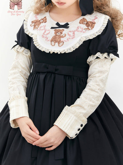 ロリータテディベアフラップレースパフスリーブリボンデレス