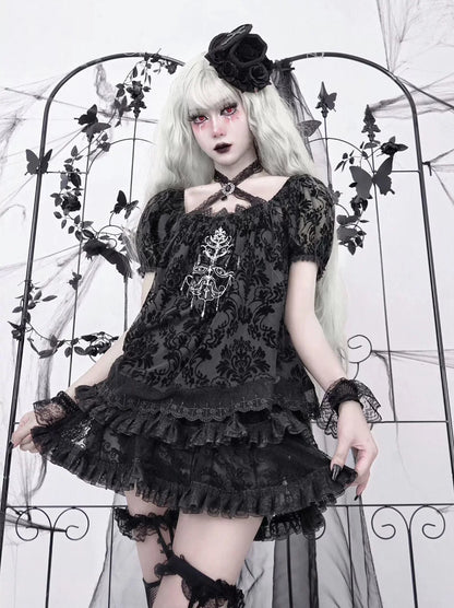 Dark Sleeve Puff Top Gothic Embroidery Lace