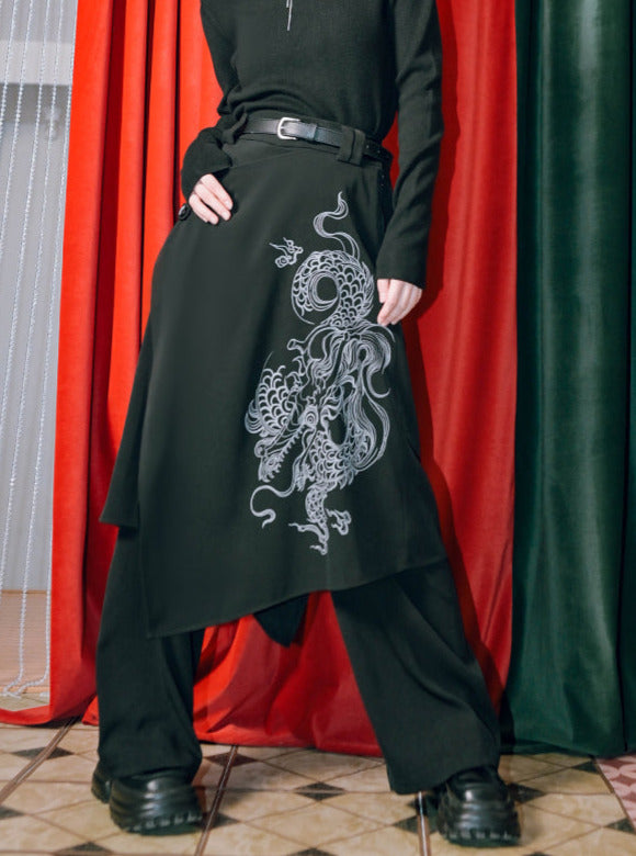 Two Piece Faux Splicing Pants Layered Wide Dragon