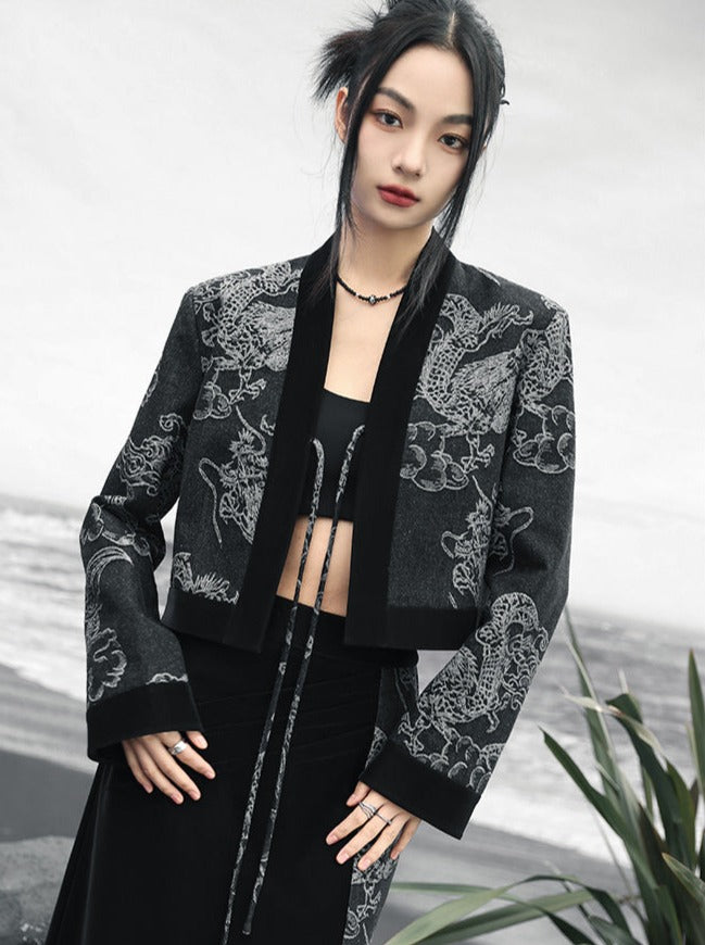 Haut ample rétro à taille haute avec double boutonnage et motif dragon en jacquard