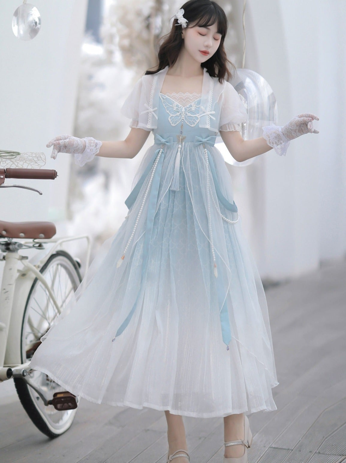 Blue Shawl Sheer Summer Summer Dress + Lolita Chinese