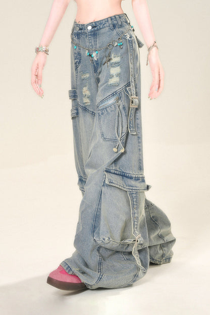 street high wide Rip denim pants