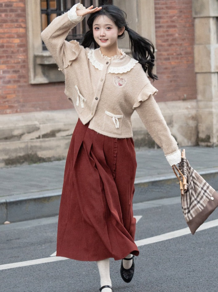 Skirt Long Cardigan Retro Cream Pleated