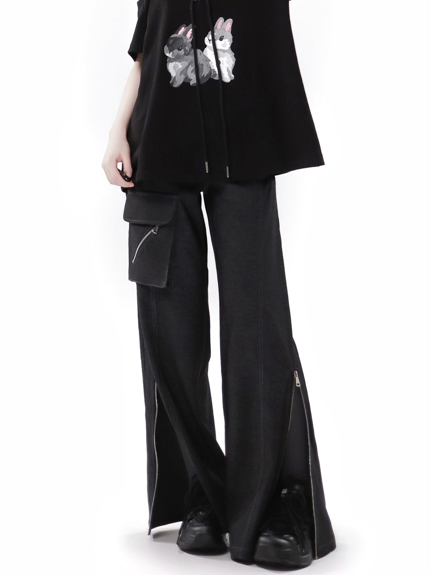 Pantalon à bretelles design d'été, lapin, épaules dénudées, sweat à capuche noir et blanc, costume