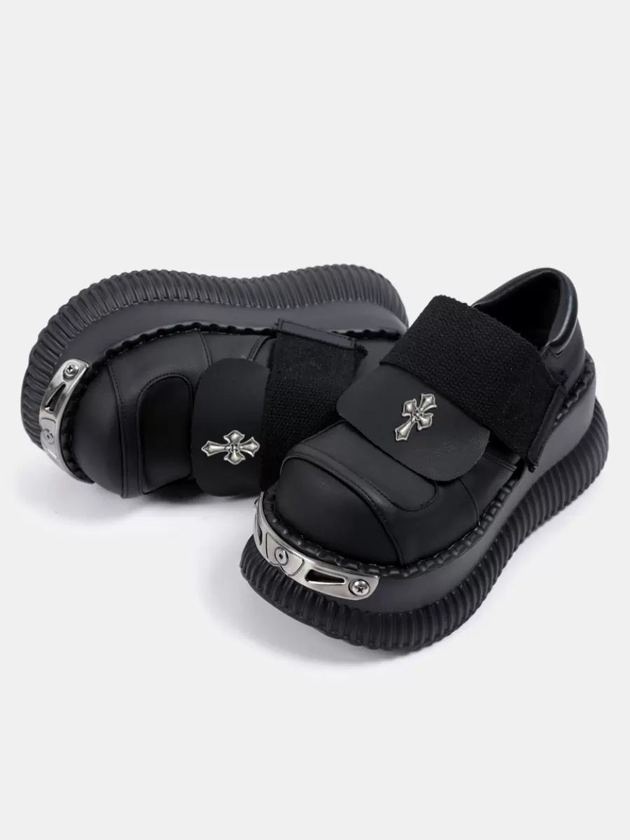 Platform Metal Velcro Shoes Punk Leather Cross