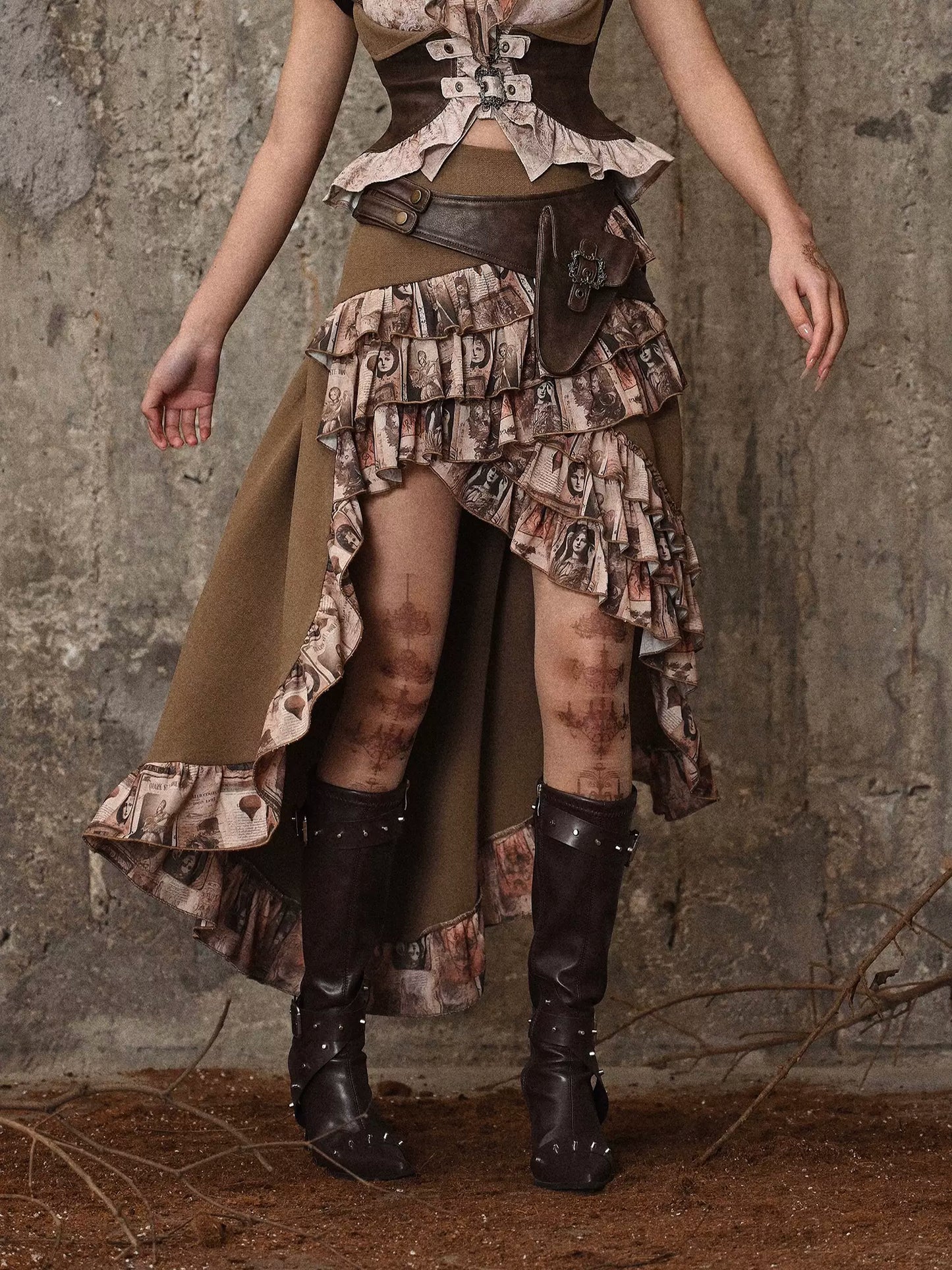 Sac à volants, jupe traînante en PU, taille steampunk, style antique rétro