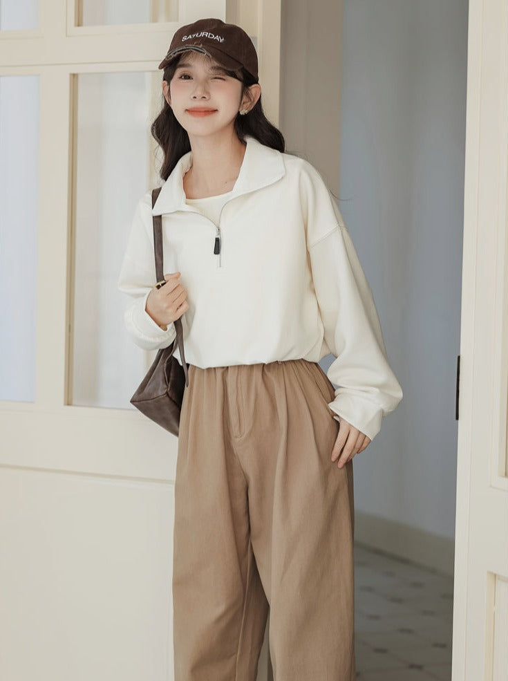 Pullover Zipper Sweatshirt College Style Lapel