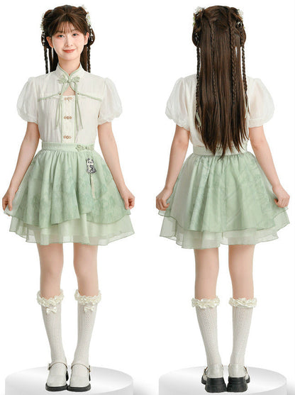 Ensemble chemise et jupe à manches longues Panda Kung Fu menthe + mousseline