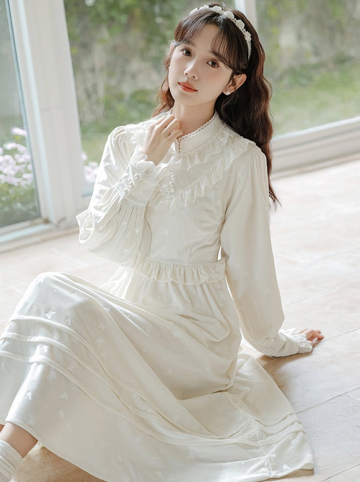 Ruffle Garden Dress Cardigan Flared Milk + Long