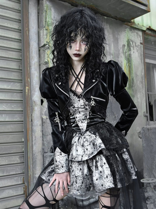 Spleißen Spitze Jacke Punk Mesh Leder PU Kurze