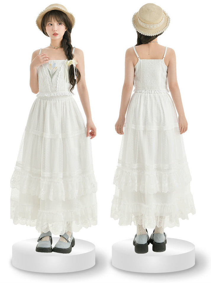 Fairy Style Openwork Knit Cardigan + Camisole Top + Long Cake Skirt