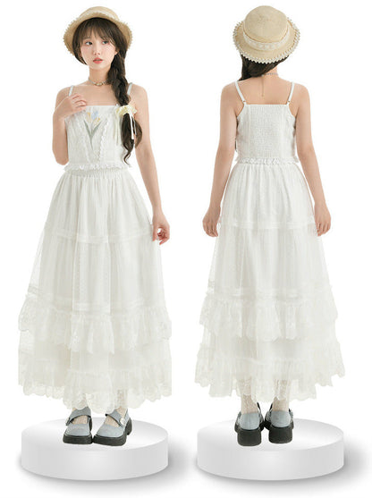Fairy Style Openwork Knit Cardigan + Camisole Top + Long Cake Skirt
