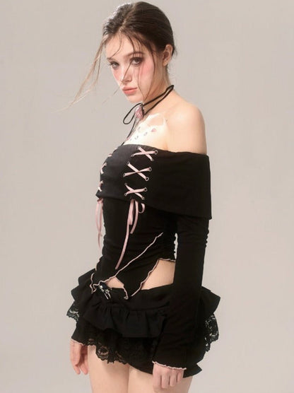 Strap Top Ribbon Off-the-shoulder Ruffle High-end