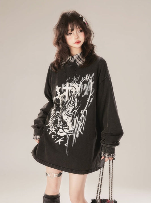 Printed Tops Neck Loose Round Dark