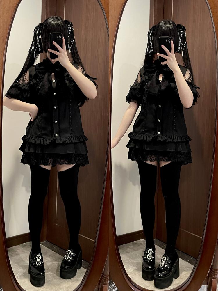 Shirt Sheer Ribbon Shoulder Lace