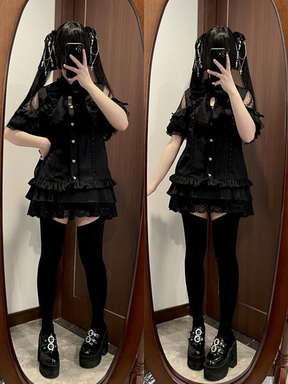 Shirt Sheer Ribbon Shoulder Lace