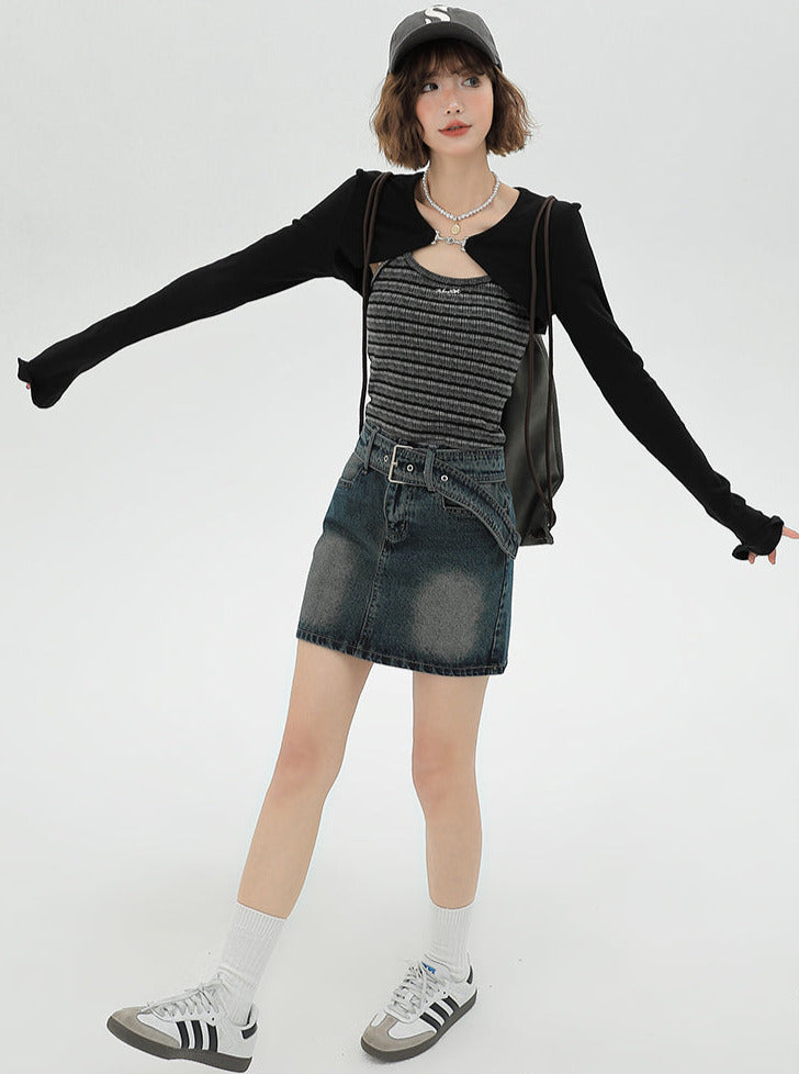 Cami American Cardigan Striped Short Piece Set Top Black Two