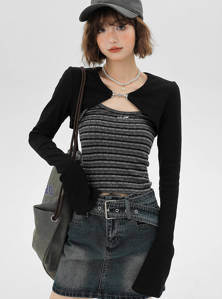 Cami American Cardigan Striped Short Piece Set Top Black Two