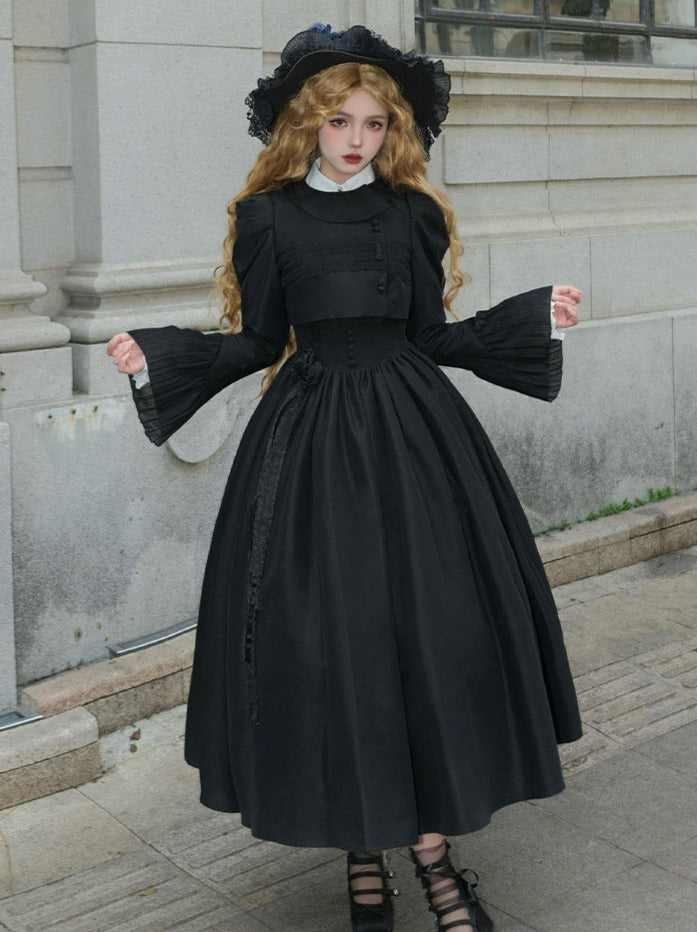 Chemisier en dentelle blanche + veste noire, robe classique noire, style gothique et nuit à volants, voyageuse