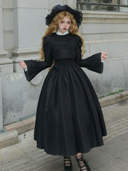 Chemisier en dentelle blanche + veste noire, robe classique noire, style gothique et nuit à volants, voyageuse