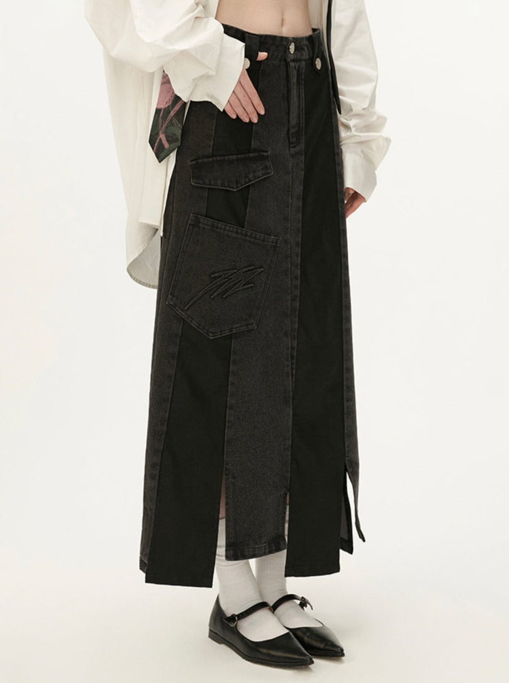 Black Leather Asymmetrical Denim Skirt
