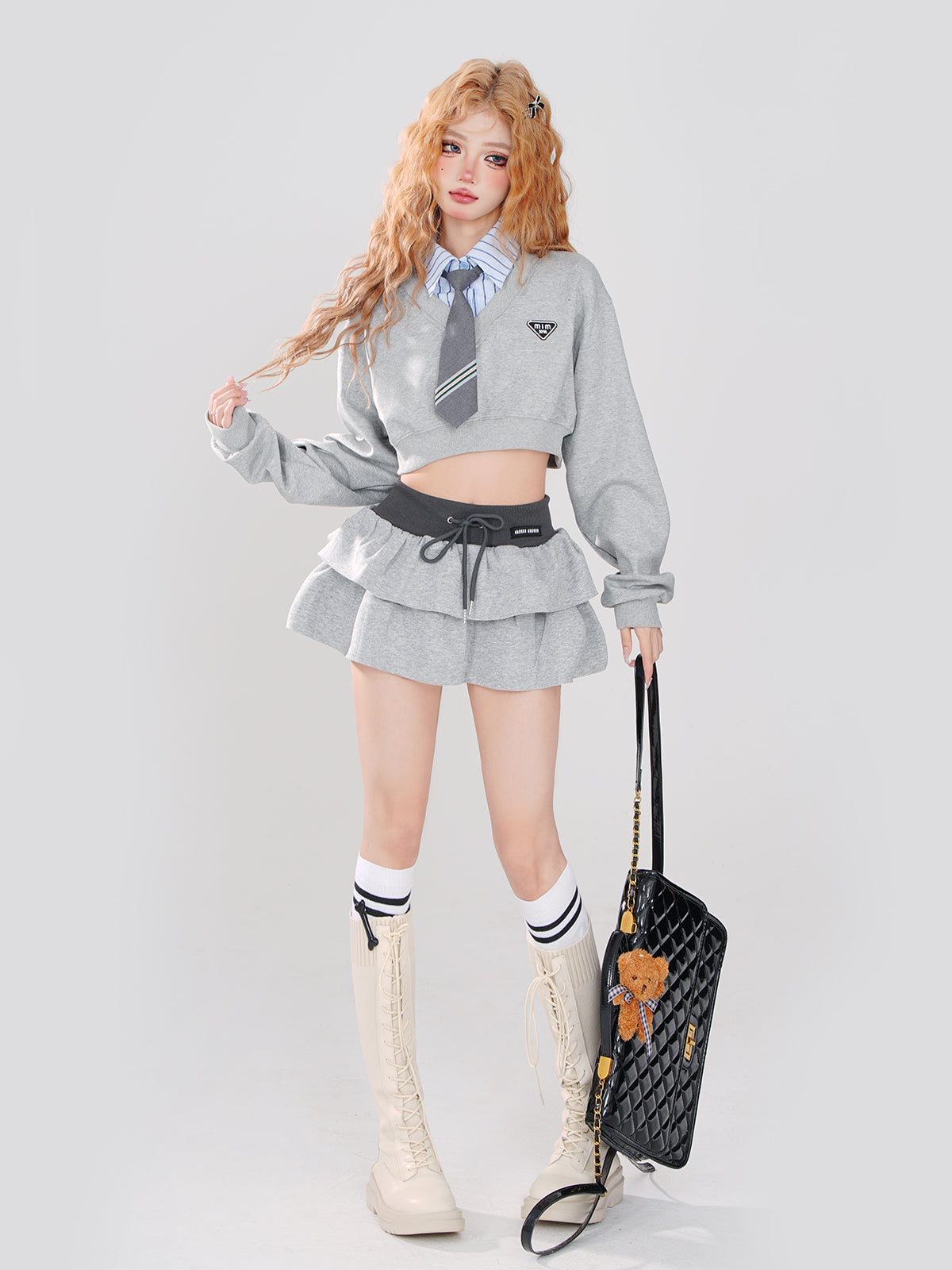 College + Tie Short Style Sweatshirt + Set Color Striped Piece Faux Skirt Two