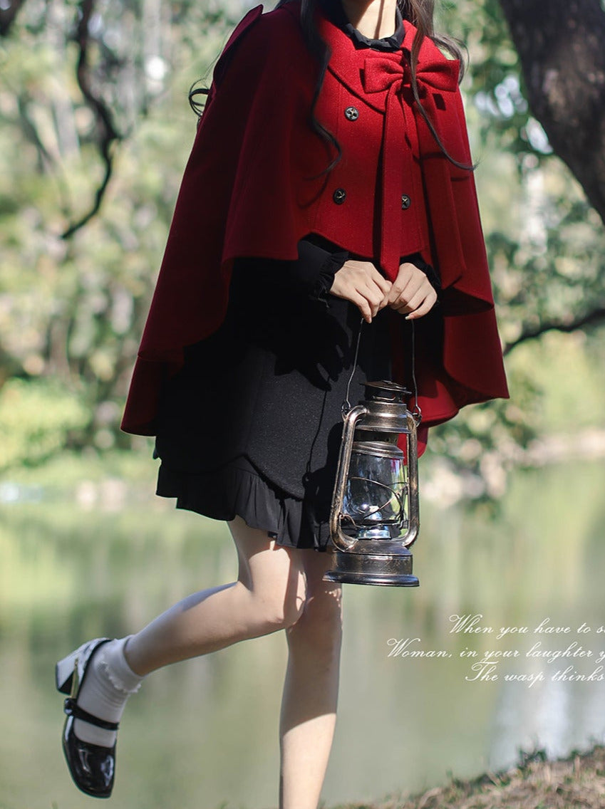 Dress Retro Ruffle Two Coat + Cape Faux Black Red Piece