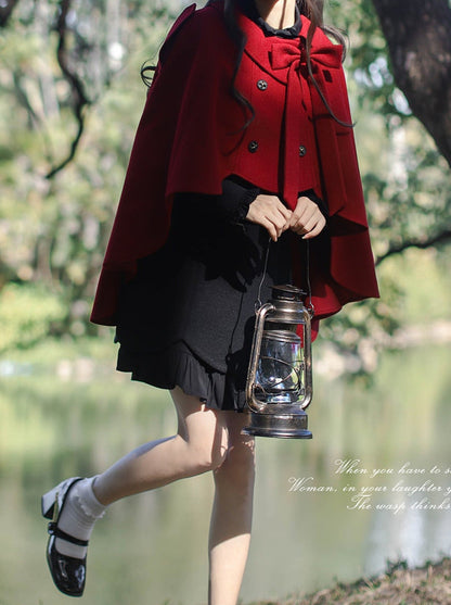 Dress Retro Ruffle Two Coat + Cape Faux Black Red Piece