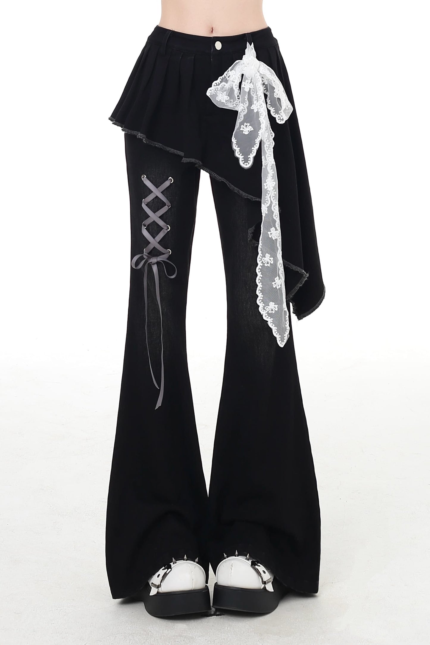 pants slim Lace-up flare long