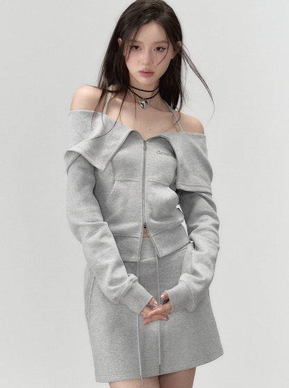 Off-the-shoulder + strap sweatshirt skirt zip-up top
