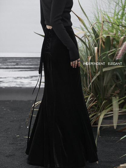 High Mermaid Velvet Black Waist Skirt Retro Back Long Up Lace