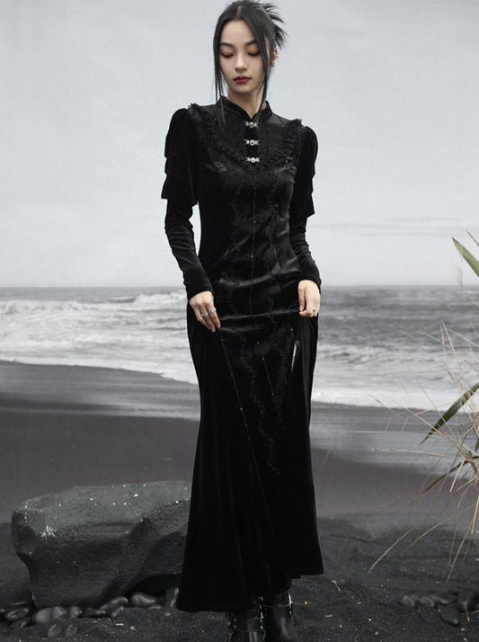 Skirt Retro Slit Long Dark Lace Splicing