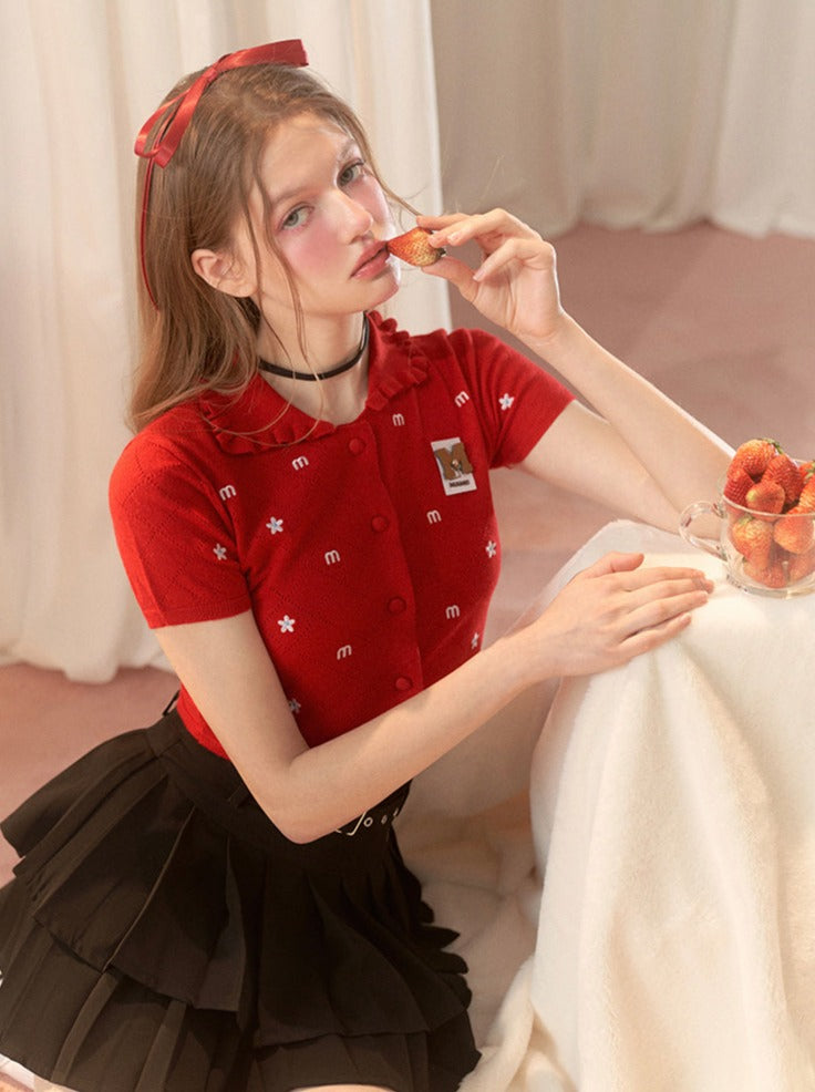 Knit Flower American Short Cardigan Collar